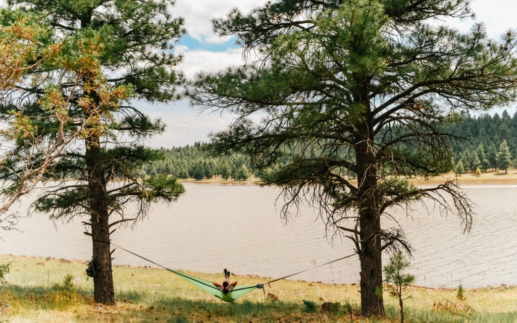female in a hammock surrounded by pines near lake mary in flagstaff arizona