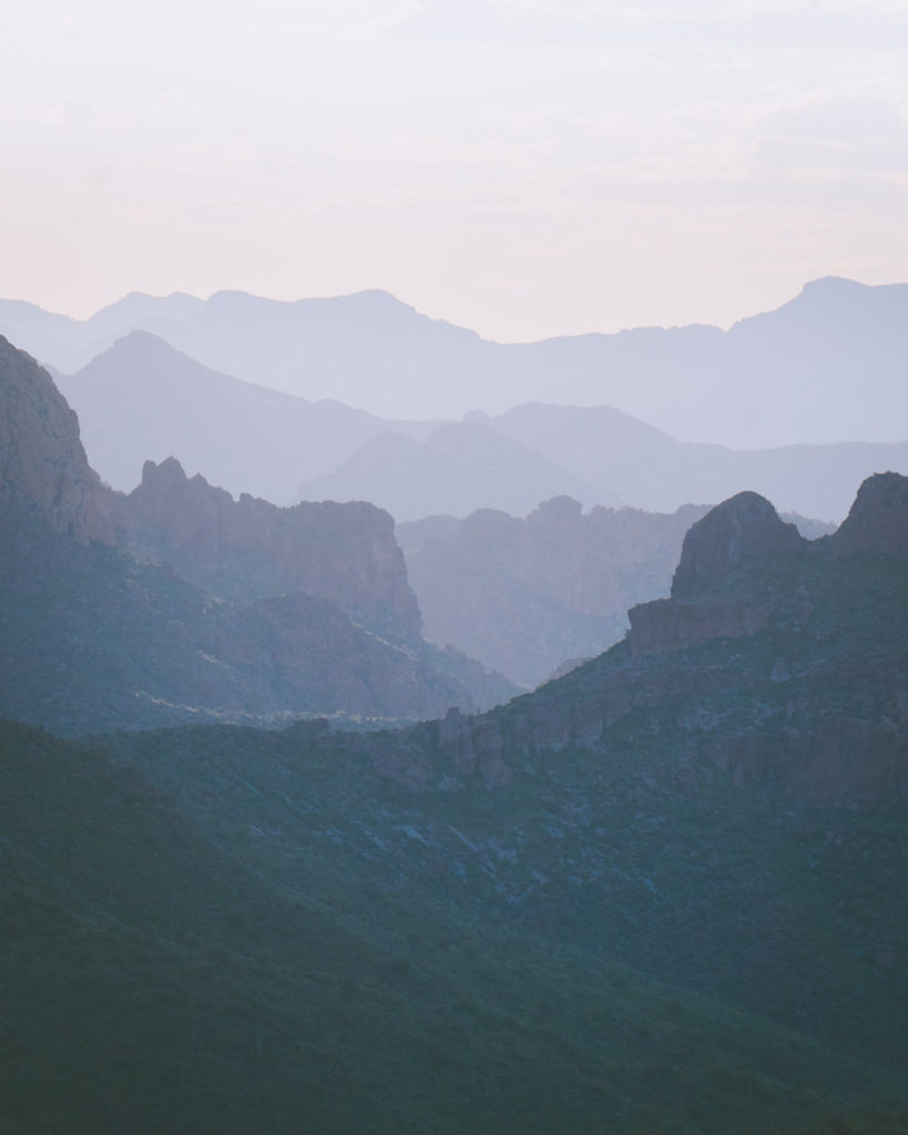 view of the layers of the Superstition mountains az at sunset