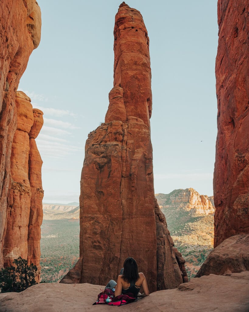female hiker relaxing at the sedona cathedral rock vortex