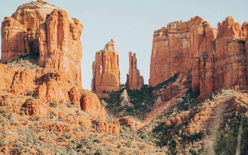 view of cathedral rock pillars from baldwin trail in sedona az