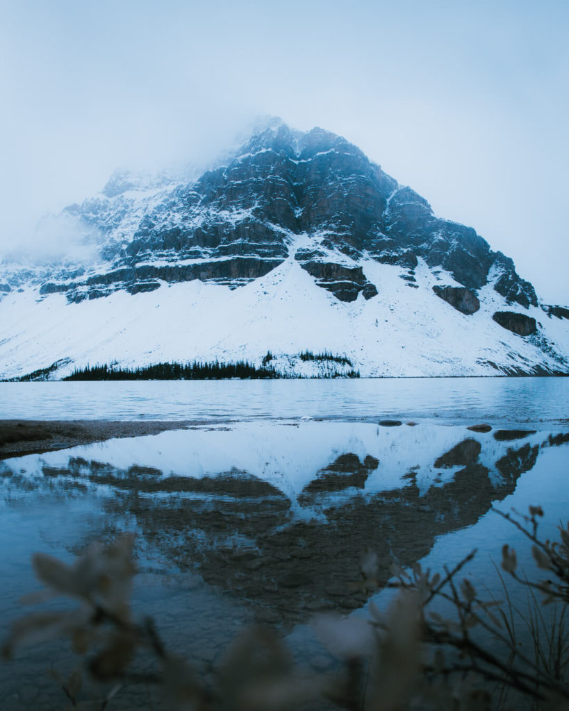 view of bow lake in banff in winter