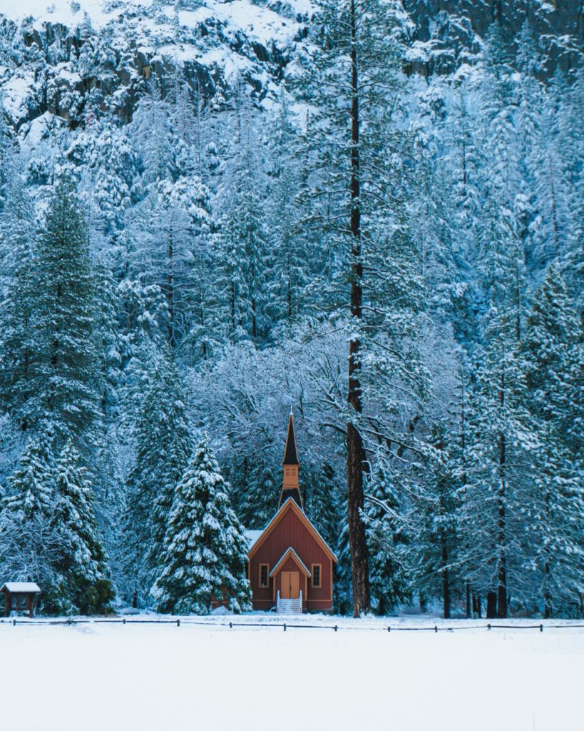 church in the snow in yosemite in winter
