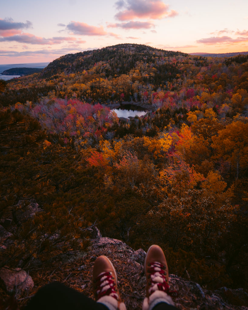 Beehive Trail at sunset with fall foliage Acadia National Park