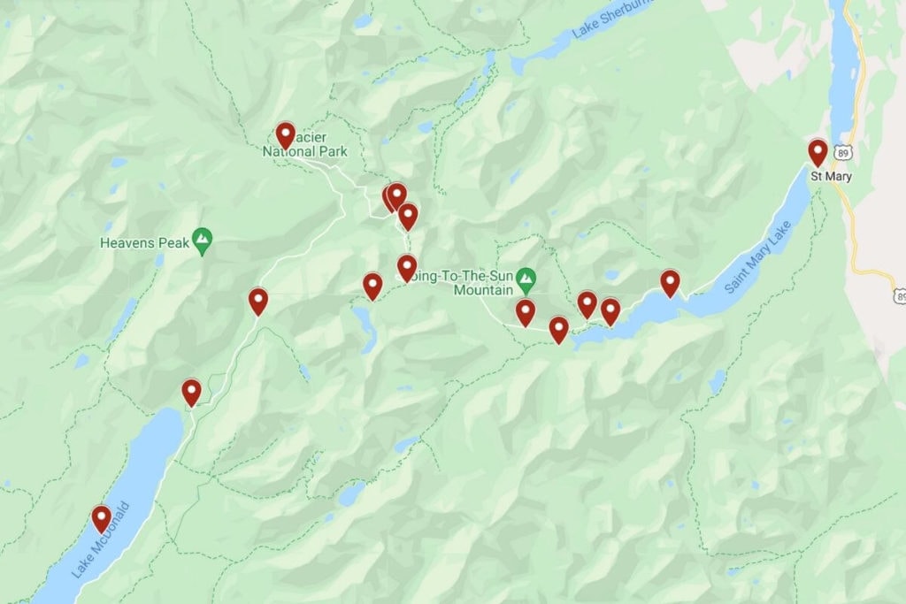 map of the best stops along going to the sun road in glacier national park