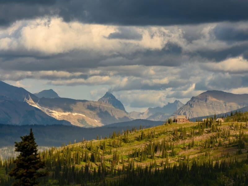 cloudy day over Granite park chalet in glacier national park montana