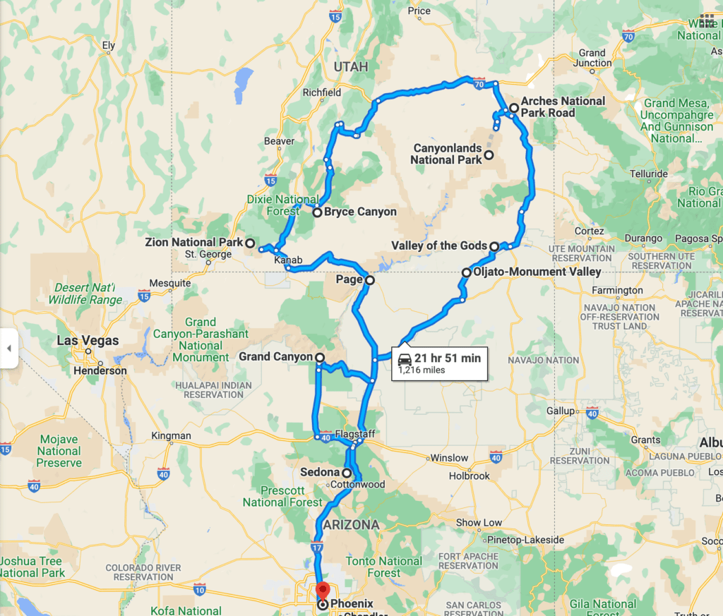Arizona Utah Road Trip Map
