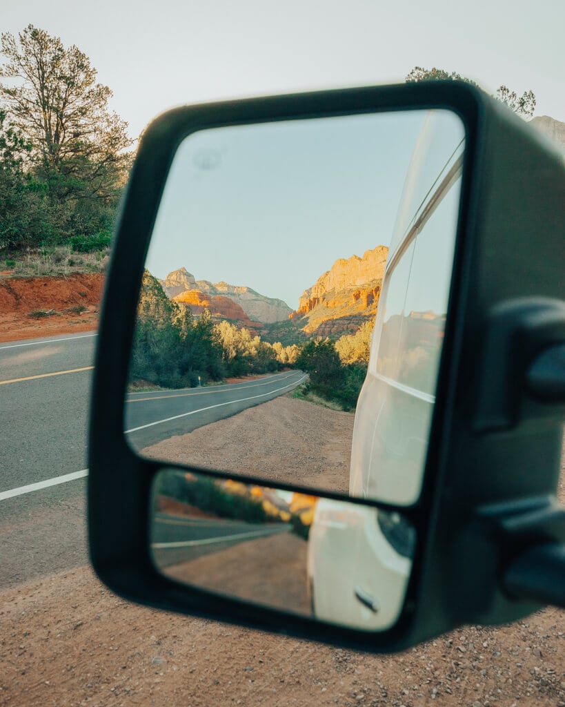 campervan driving on boynton pass road for sunrise in sedona arizona
