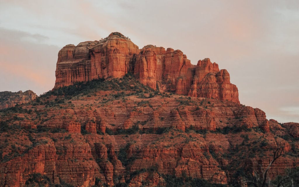Pink sunset over cathedral rock in Sedona Arizona