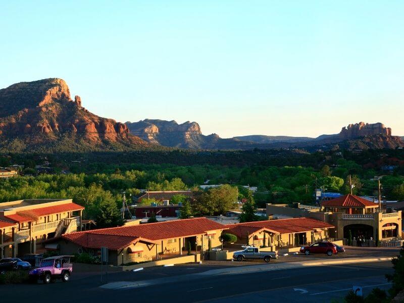 sunset over Uptown Sedona az surrounded by red rock mountains