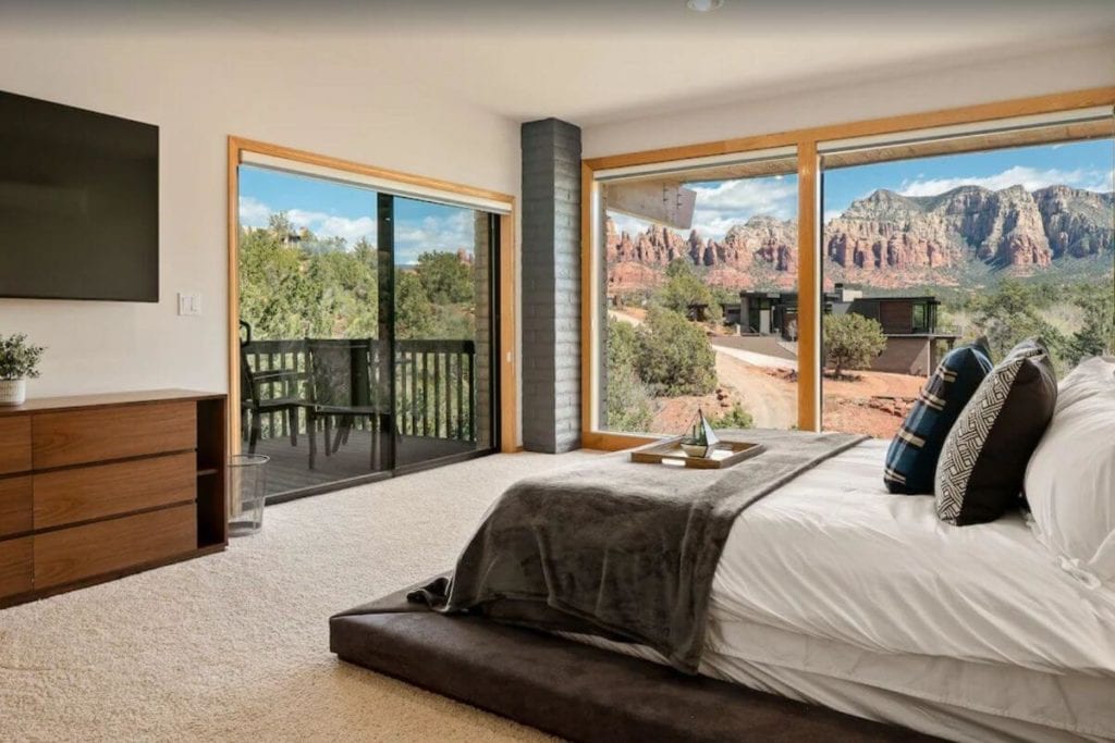 bedroom in luxury cabin vacation rental in sedona