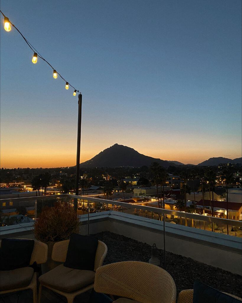 view of sunset from outrider rooftop lounge in scottsdale arizona
