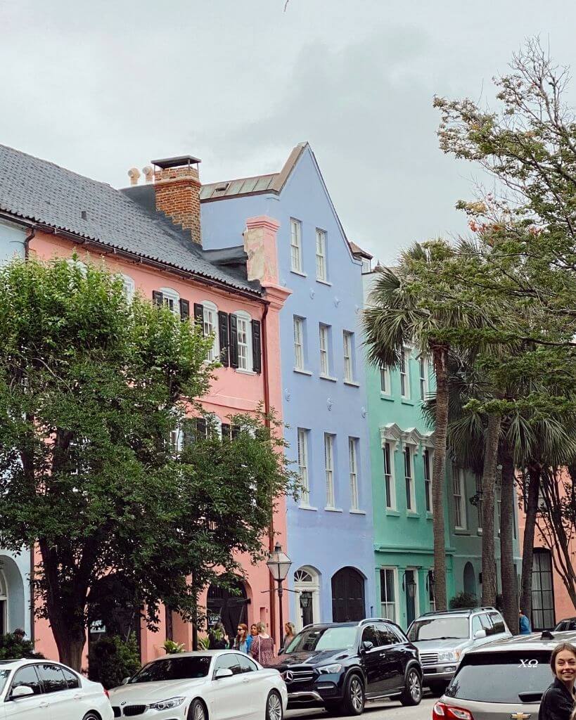pink purple and blue pastel homes on rainbow row charleston