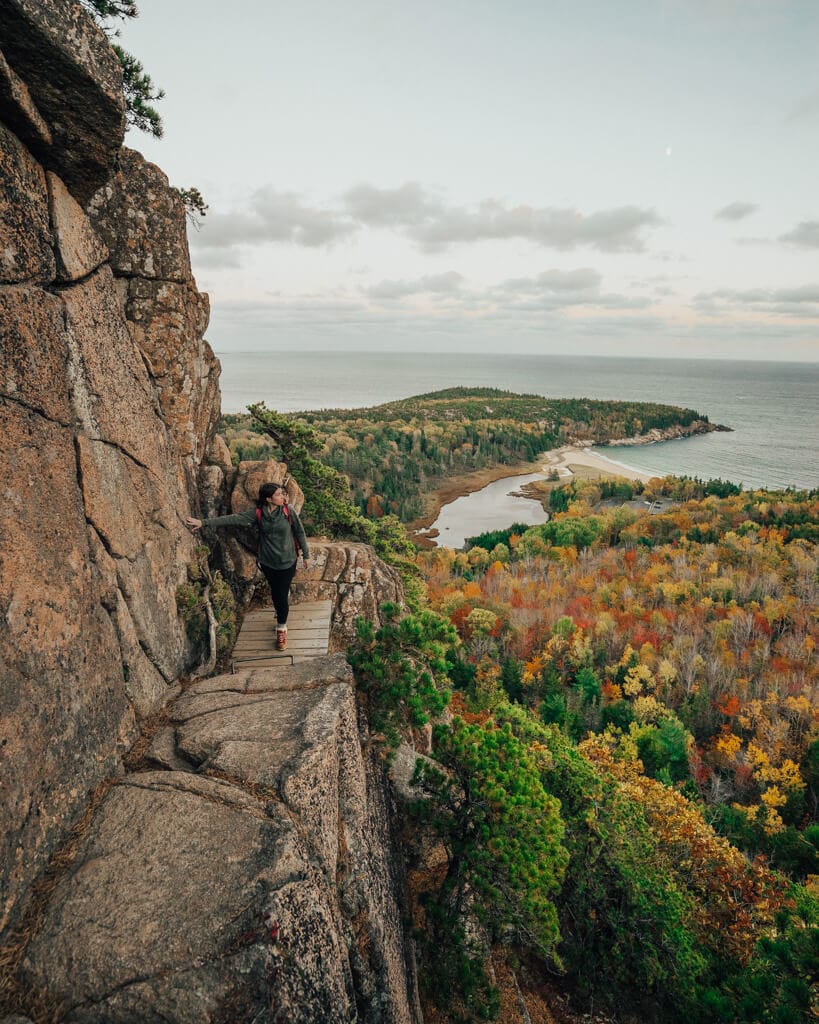 female hiker looking at foliage in acadia national park fall