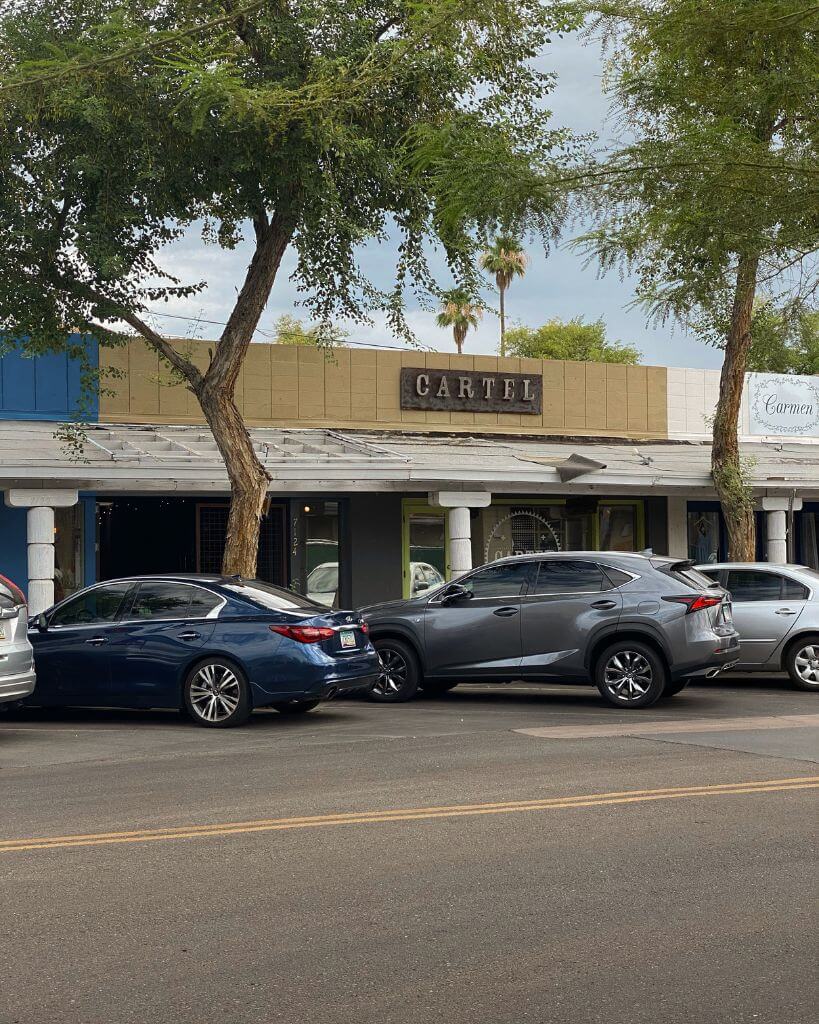 cars in front of Cartel Roasting Co. in Scottsdale
