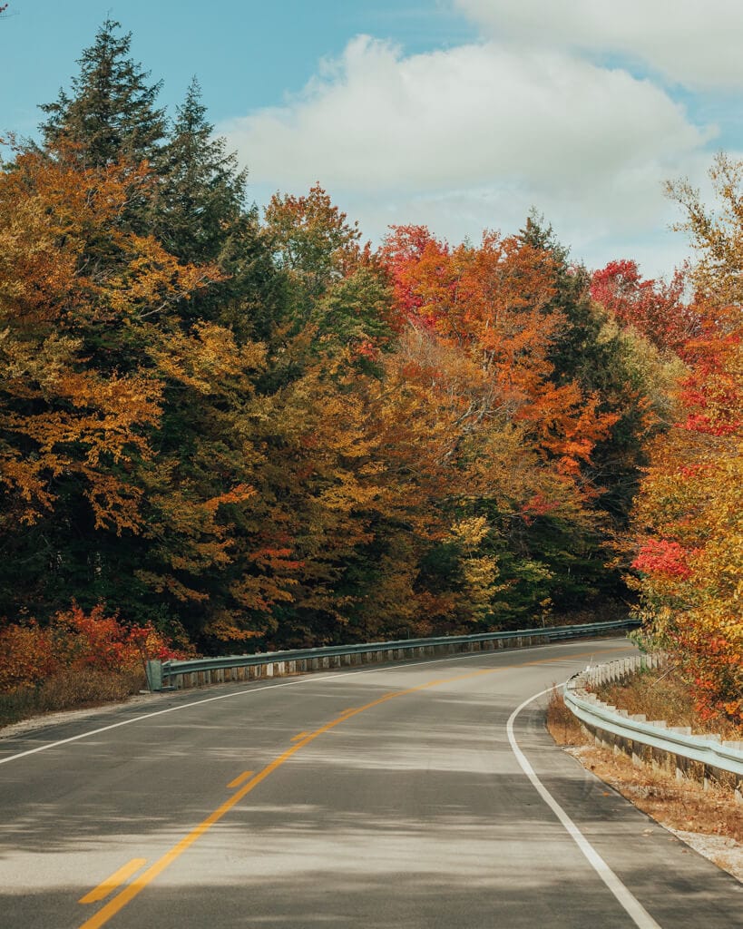 view of new england fall foliage on the Kancamagus Highway