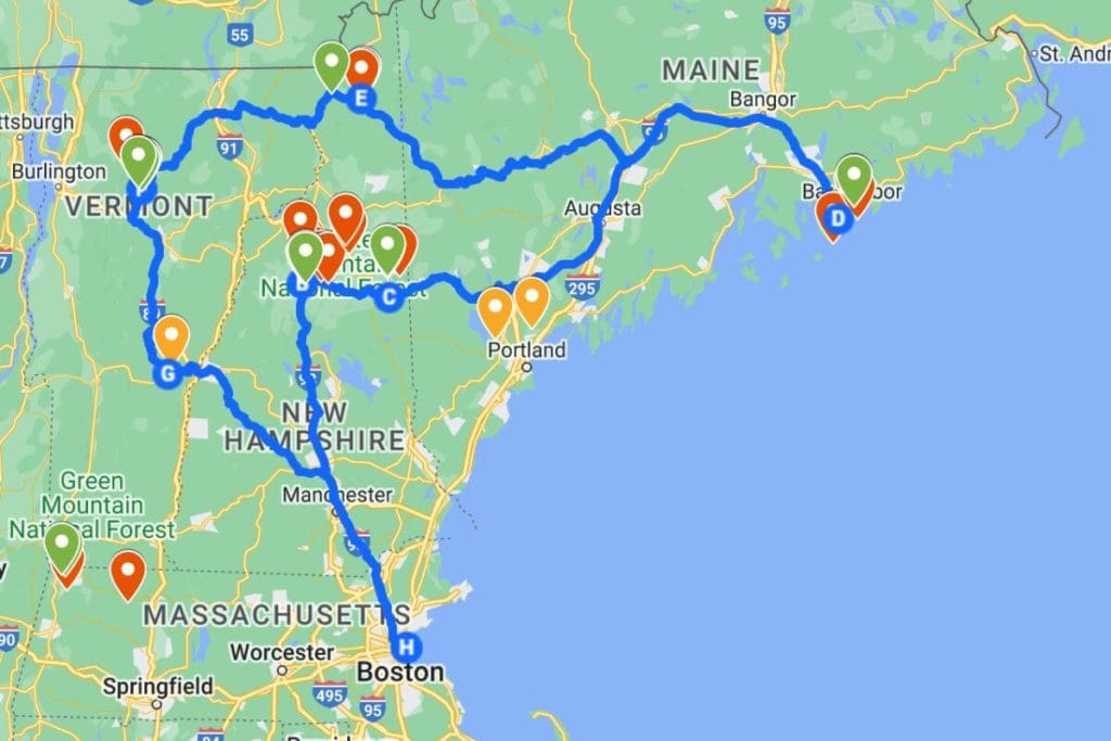 New England fall road trip from Boston, MA map