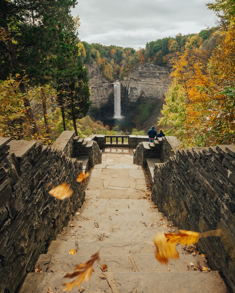 view of Taughannock Falls State Park in new york with fall foliage