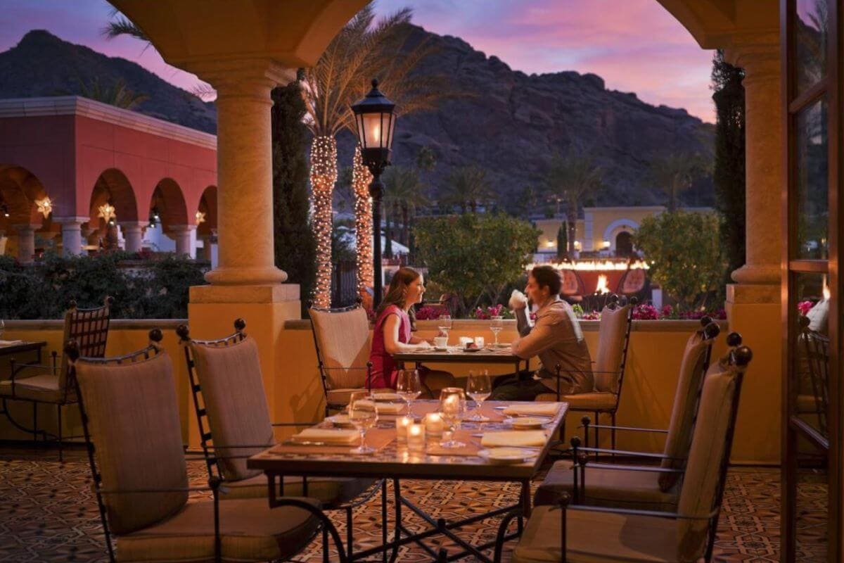 sunset at the dining area in Omni Scottsdale Resort & Spa