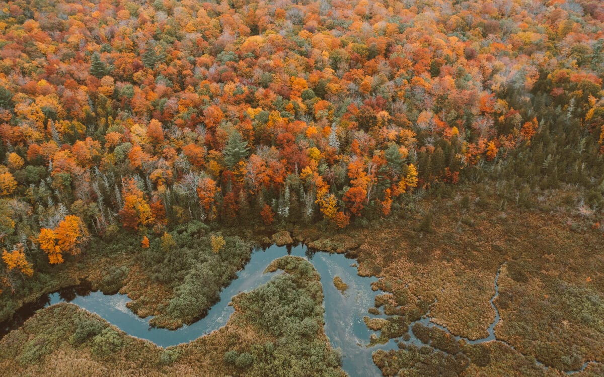 aerial view of new york's adirondack mountains fall foliage along a river