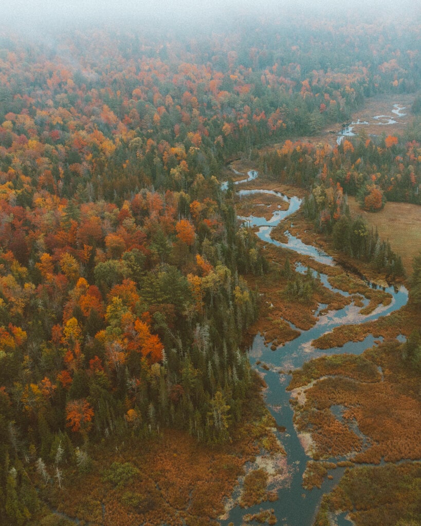 aerial view of colorful fall foliage in the adirondack mountains