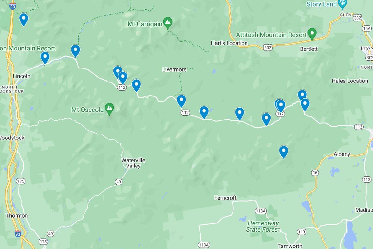 map of the best fall kancamagus highway attractions