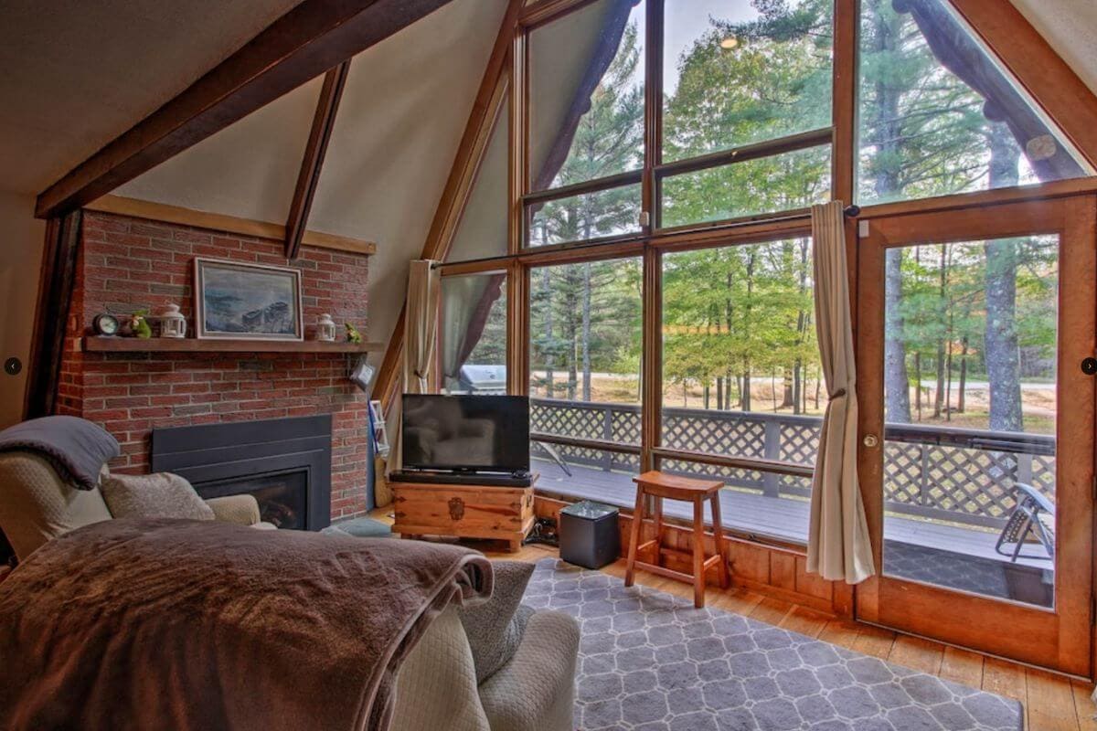 inside an a-frame vacation rental in north conway new hampshire