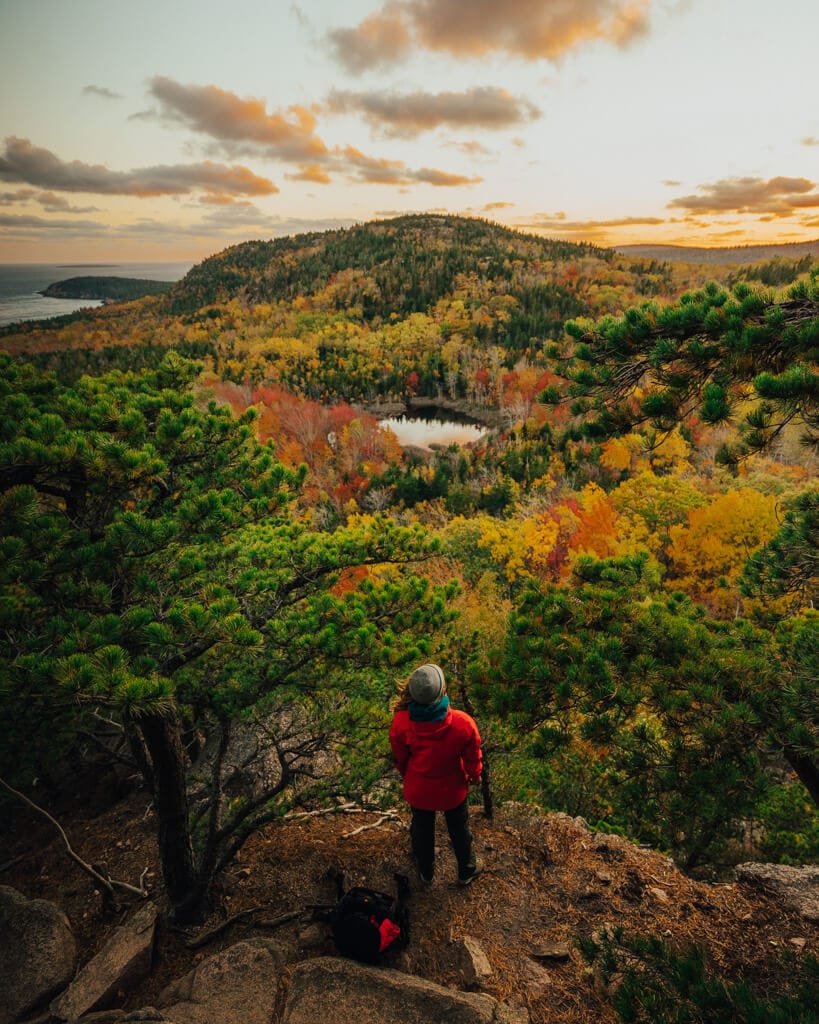 female hiker admiring the yellow red and orange fall foliage from the top of beehive trail in acadia national park