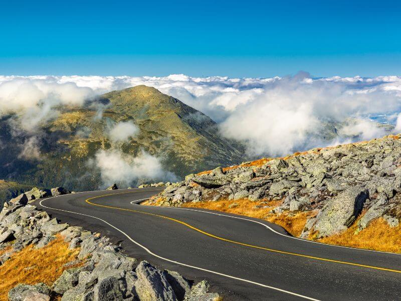 view of clouds covering the mount washington auto road in new hampshire