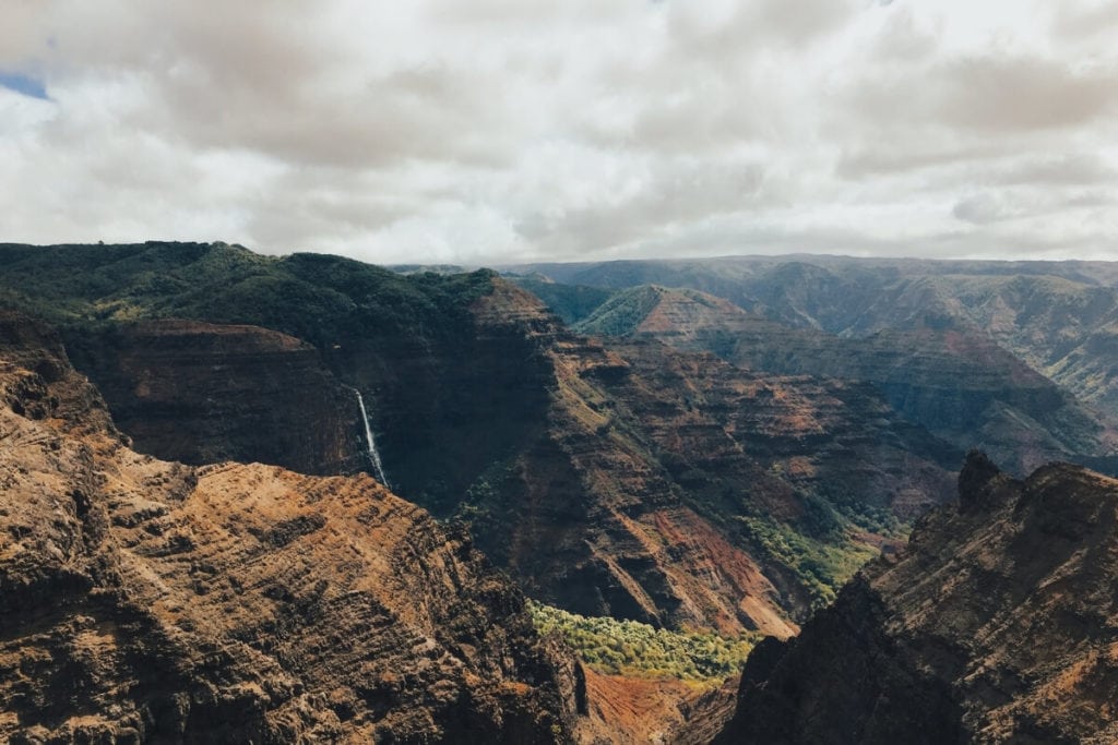 view of waipoo falls from Canyon Trail in Waimea Canyon Kauai Hawaii