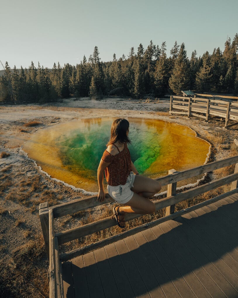 girl looking at the yellow colors in morning glory in pool yellowstone national park