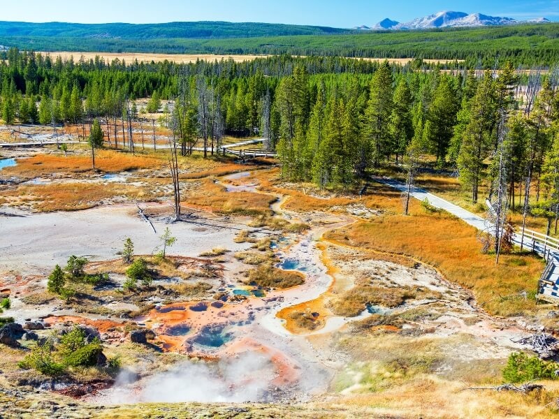 sunny day over the orange norris geyser basin in yellowstone national park