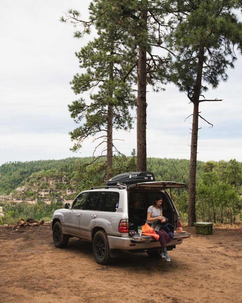 female car camping in a silver SUV on east pocket sedona arizona