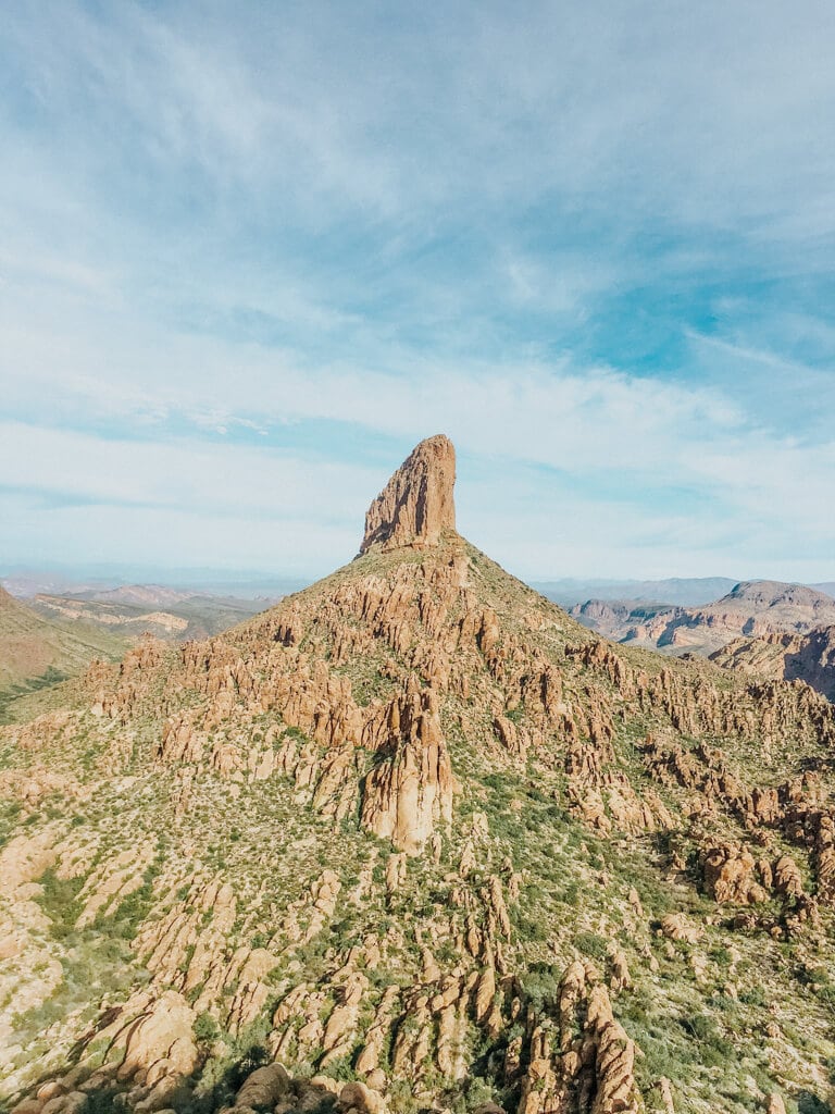 view of weaver's needle from the top of peralta trail in superstition az