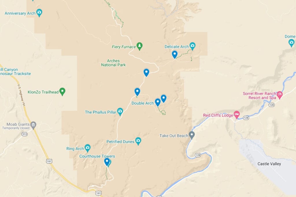 map of the best sunrise spots in arches national park utah
