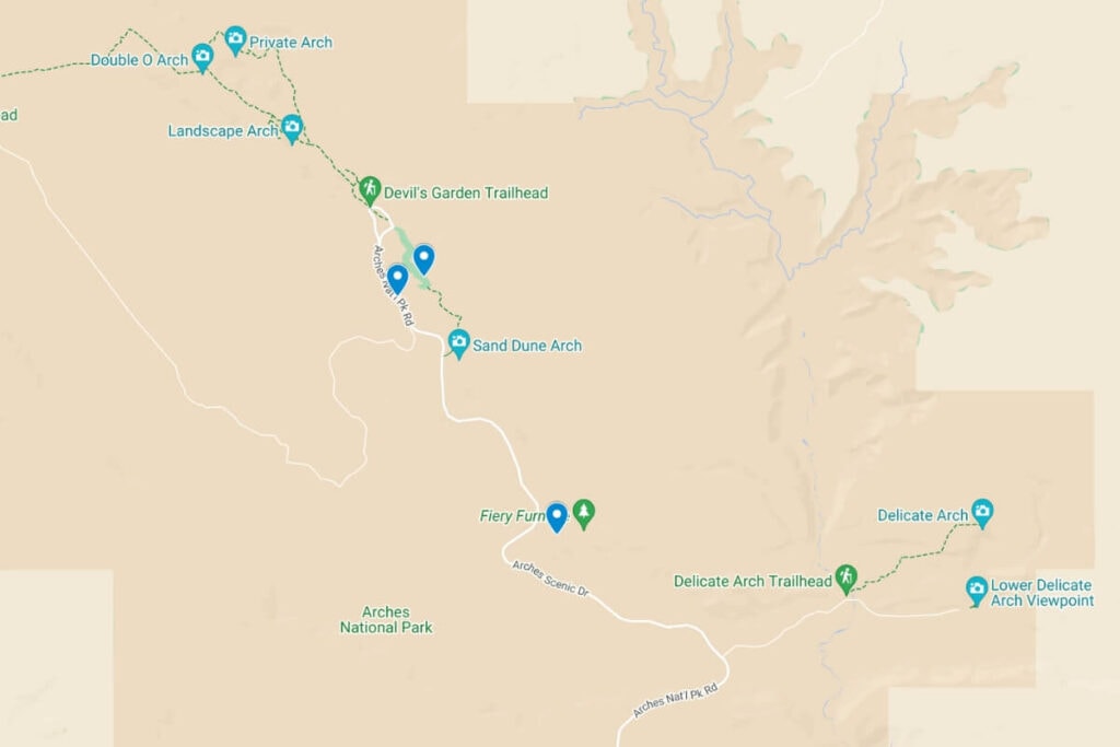 map of sunset spots in arches national park utah