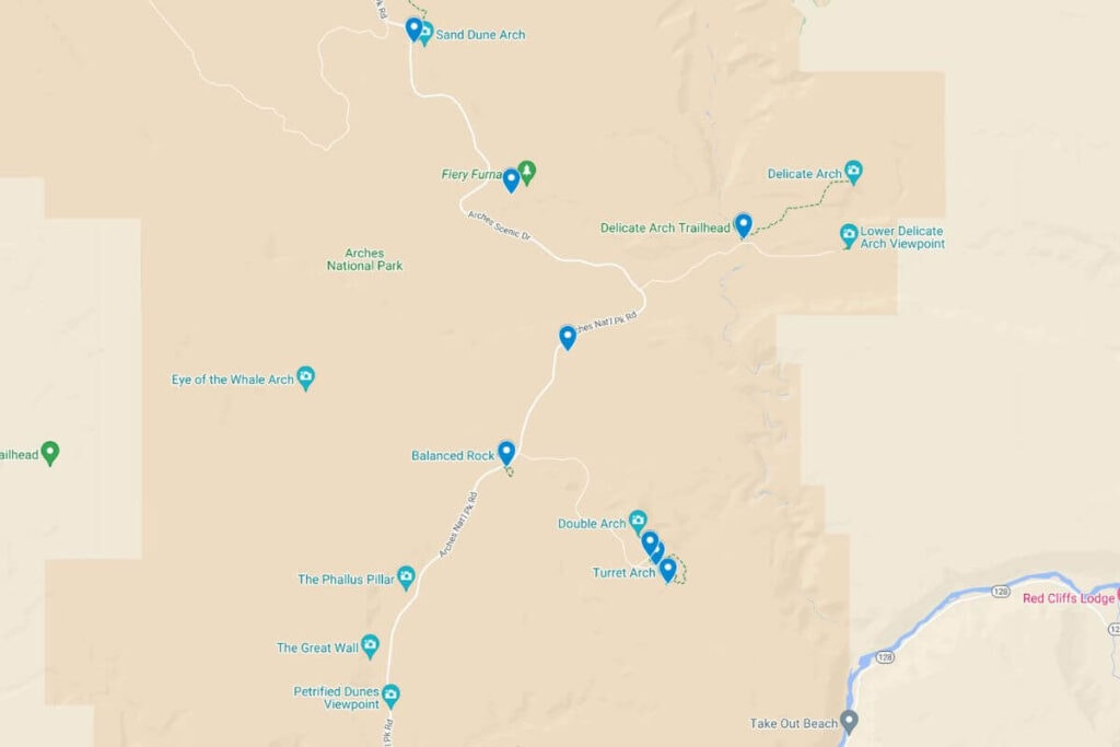 map of the best sunrise and sunset spots in arches national park utah