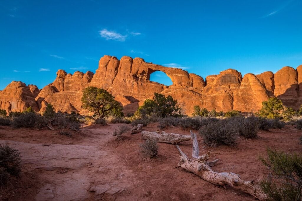 sunset over skyline arch in arches national park