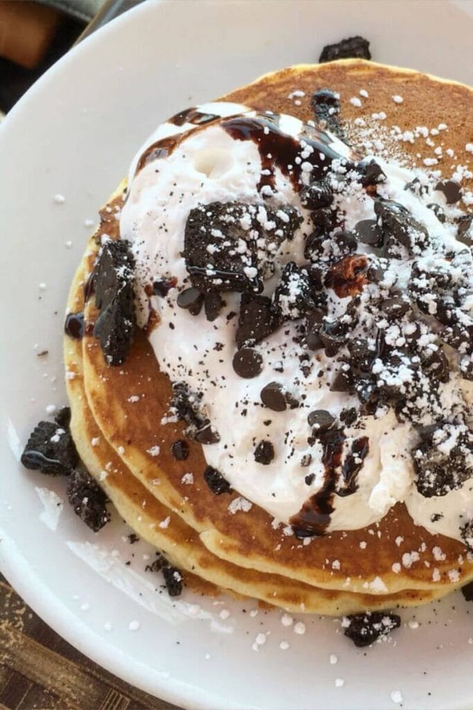 pancake with cream and chocolate sauce in Butters Pancakes & Café Scottsdale.