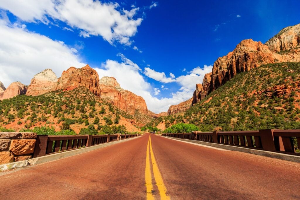 sunny day over zion national park bridge road