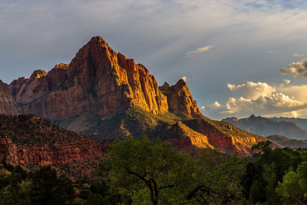 view from above of watchman zion at sunset
