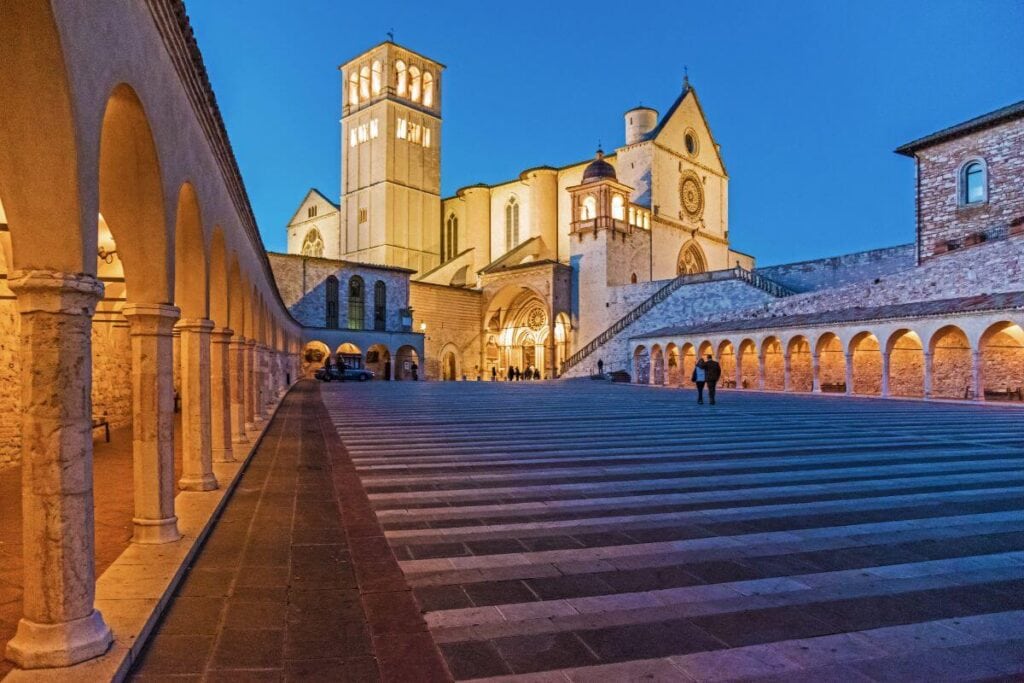 blue hour over long staircase in front of a building in Assisi Umbria italy