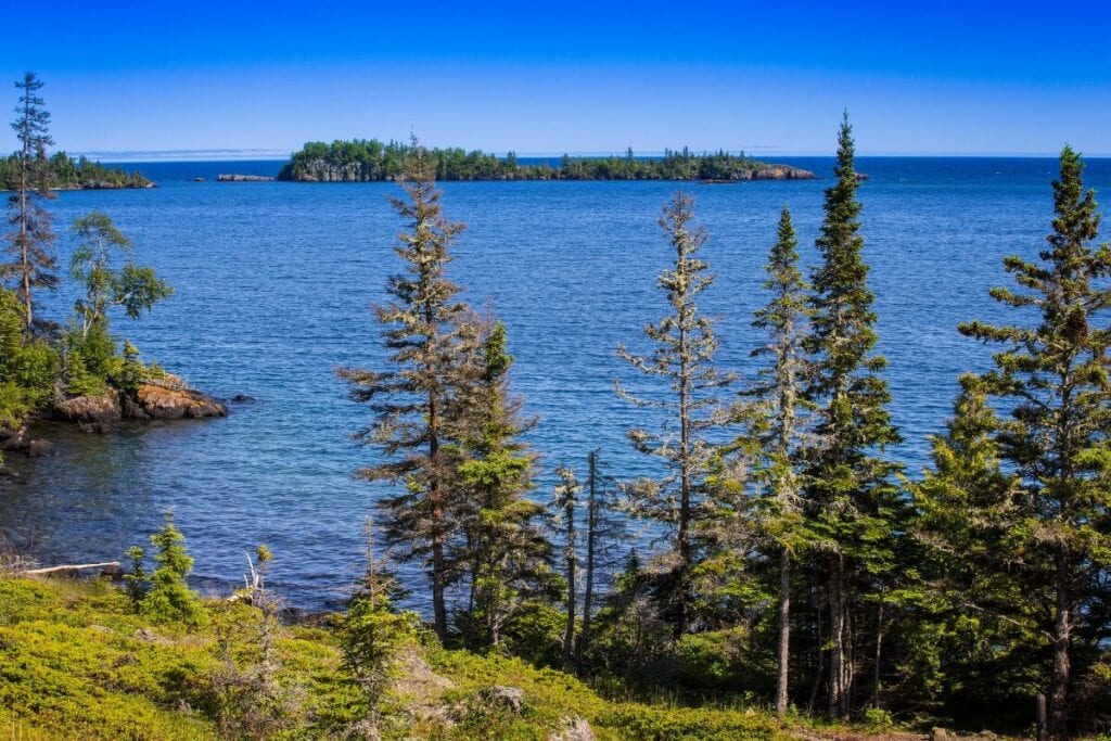 blue skies over the lake in isle royale national park michigan