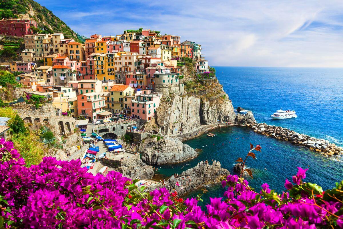 sunny day over Manarola Cinque Terre with purple flowers in the foreground