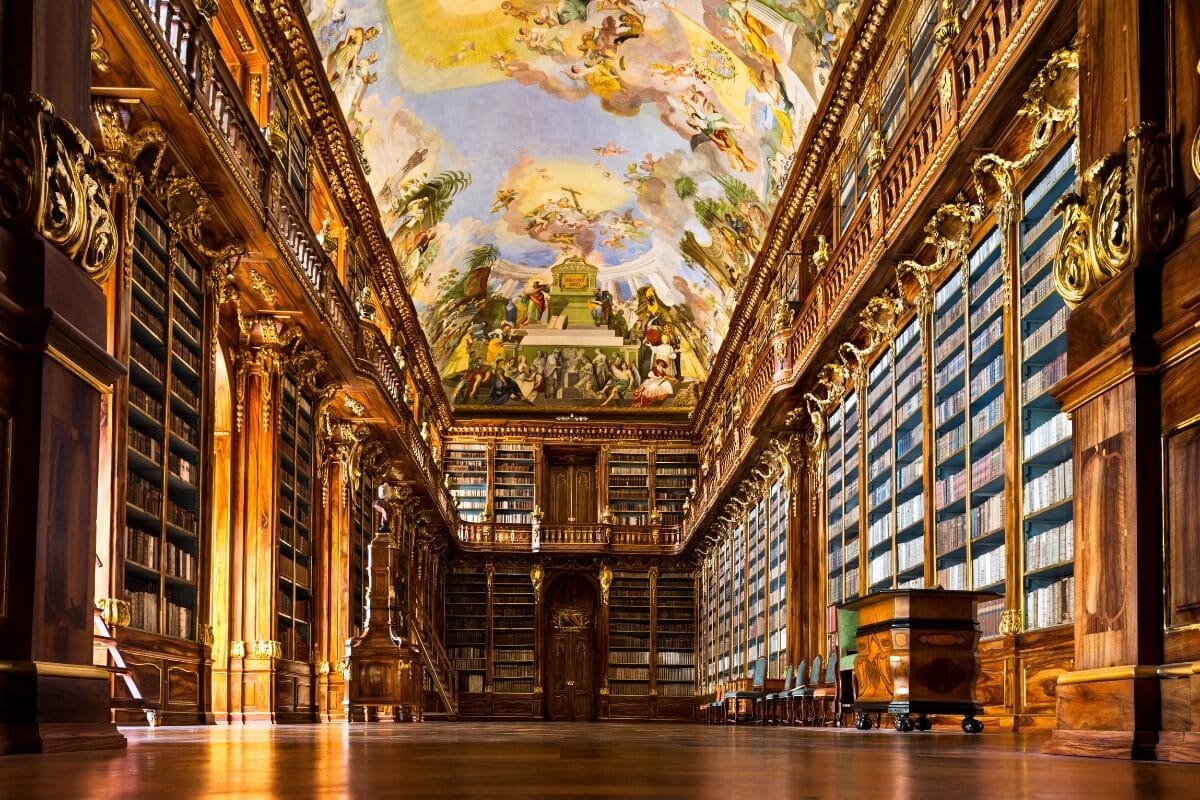 golden interior of the Strahov Monastery Library
