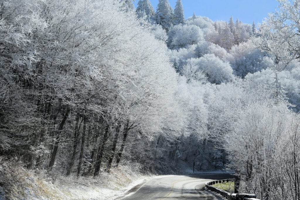 road in great smoky mountain national park covered in snow