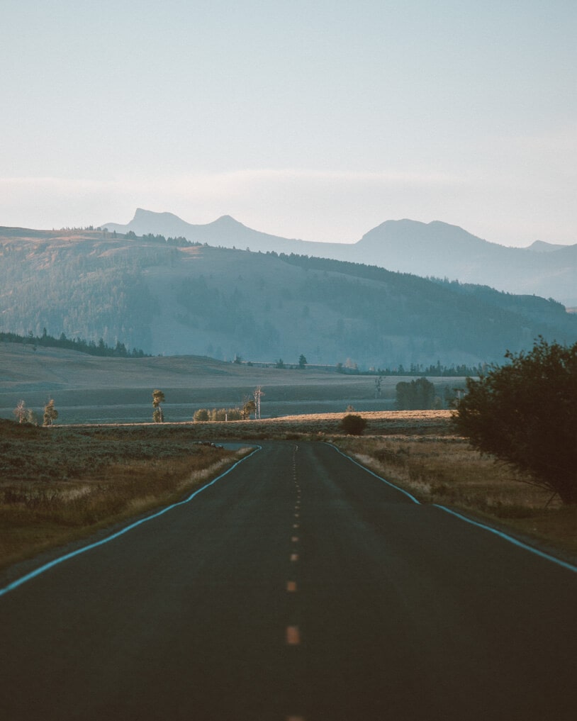 drive down lamar valley during sunrise in yellowstone national park