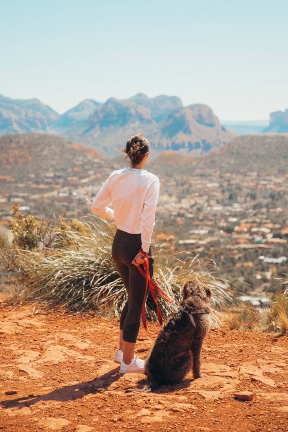 Girl and dog standing on top of Sugar Loaf Trail in Sedona, AZ-2