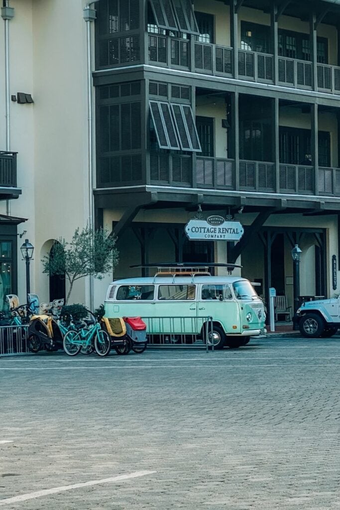 green van parked outside barrett square in rosemary beach florida