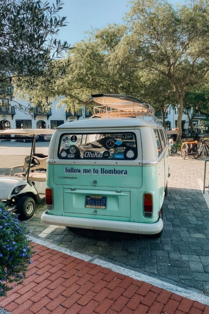 green van parked in barrett square rosemary beach