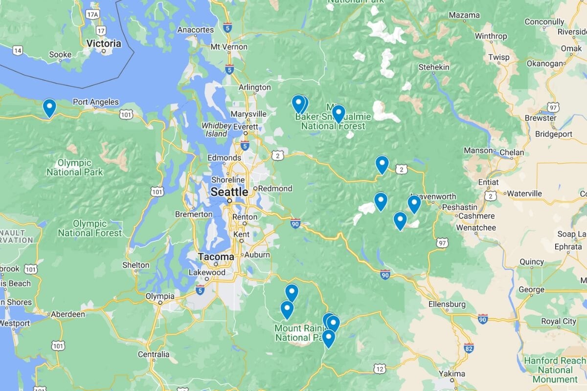 map of the best alpine lake hikes in washington